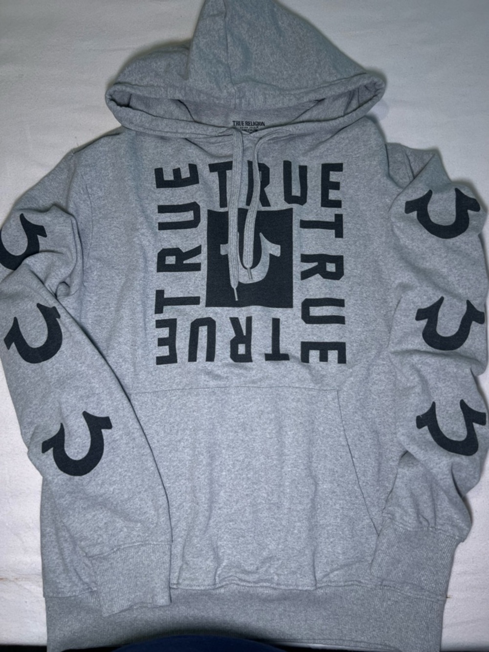 True Religion Men's Light Gray Hoodie with Black Logo Prints